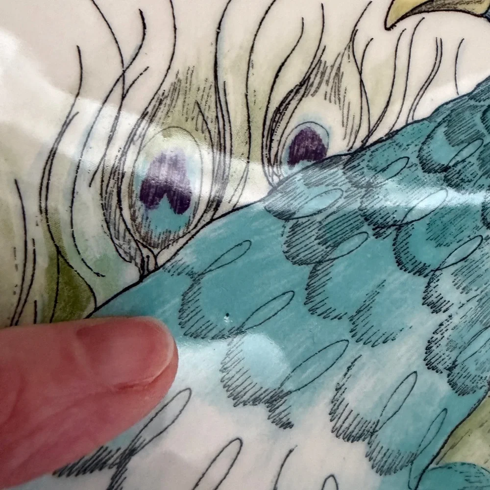 Edie Rose Peacock Collection Salad Plates Set 2 Stoneware Blue Green Purple Bird